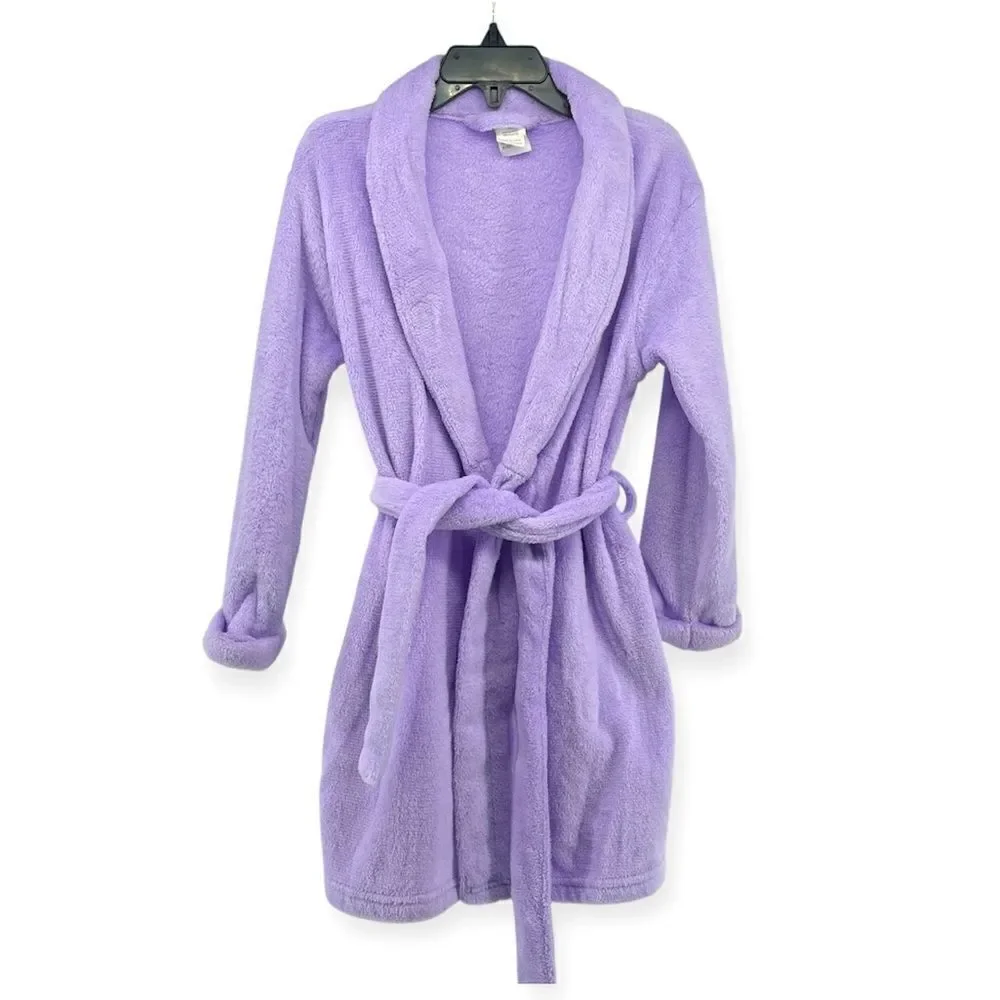 Sol Sleep Girl’s Purple Plush Fleece Open Front Belted Long Sleeve Robe Size 6